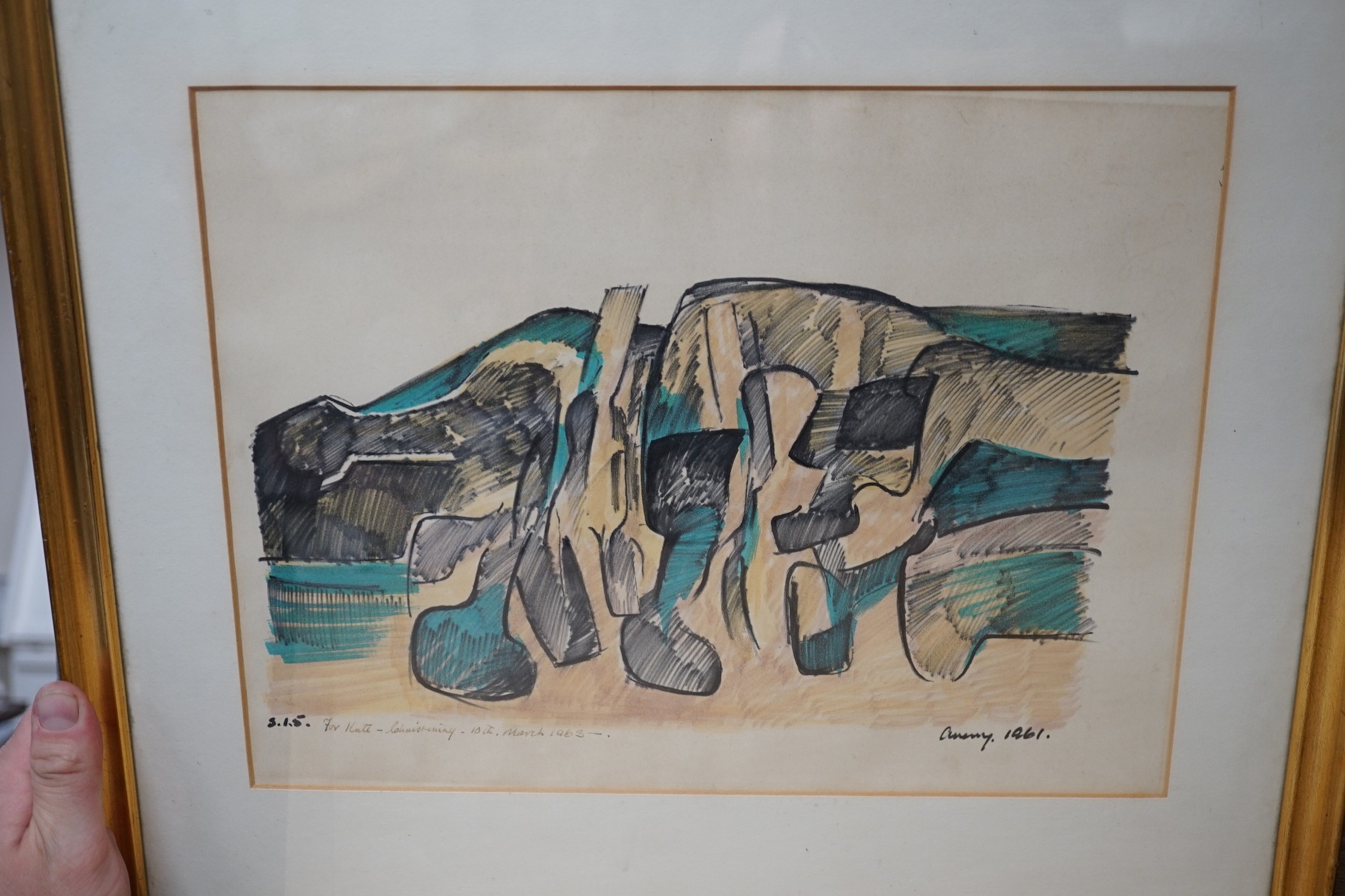 Wilfred Avery (1926-2016), mixed media, Stylised landscape, signed and dated 1961, 26 x 35cm and a similar monochrome landscape, 27 x 36cm